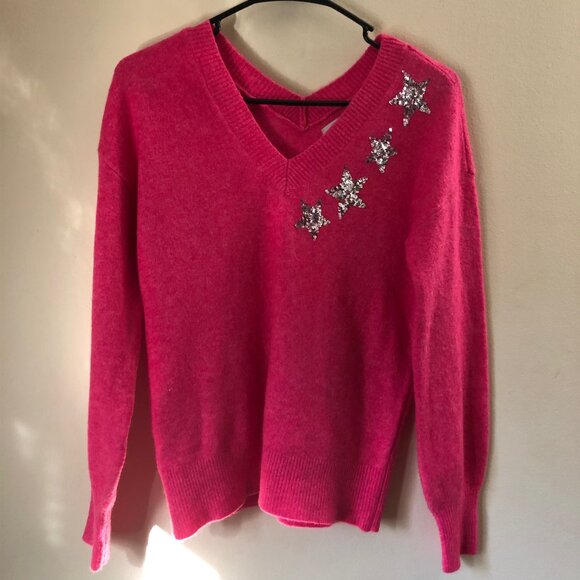 LOFT Womens XS Hot Pink Sweater Silver Sequin Stars Wool Blend READ - Picture 3 of 10